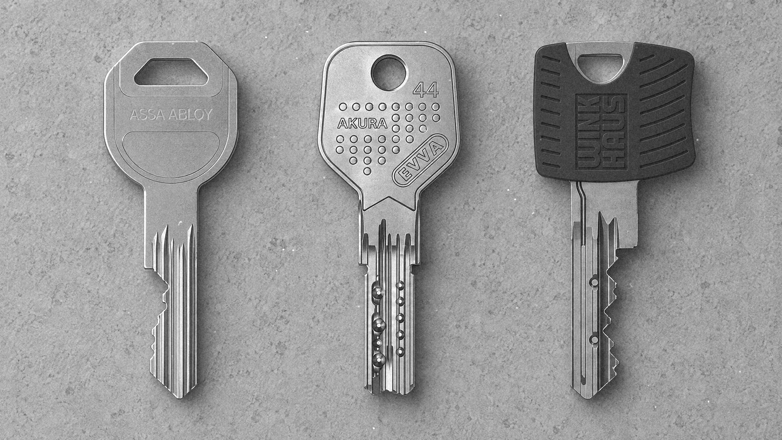 Klucz ASSA ABLOY LSTD o profilu otwartym obok kluczy dormakaba expert plus z ochroną patentową