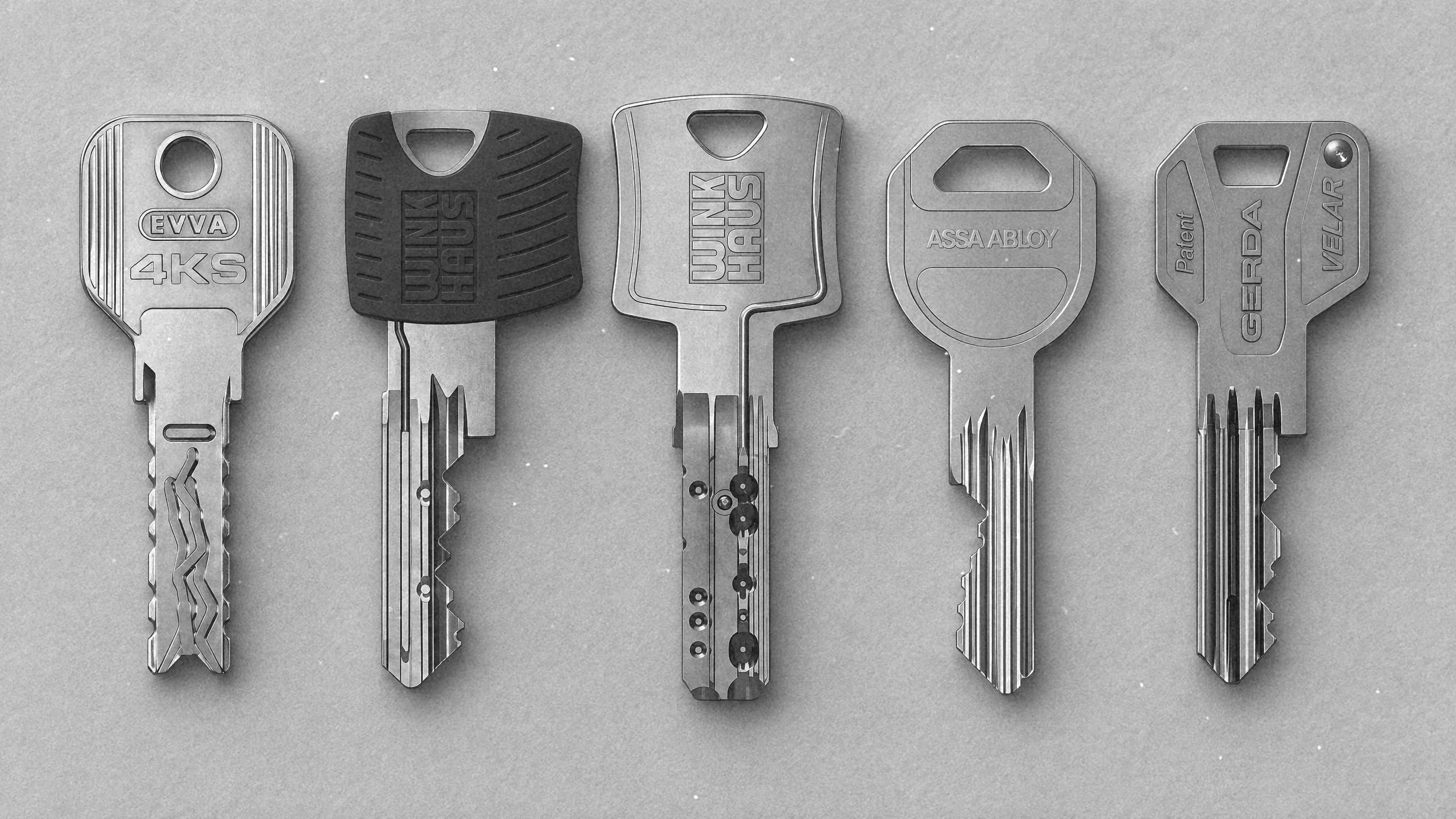 Klucze systemowe różnych platform Master Key ułożone obok siebie na jasnym tle