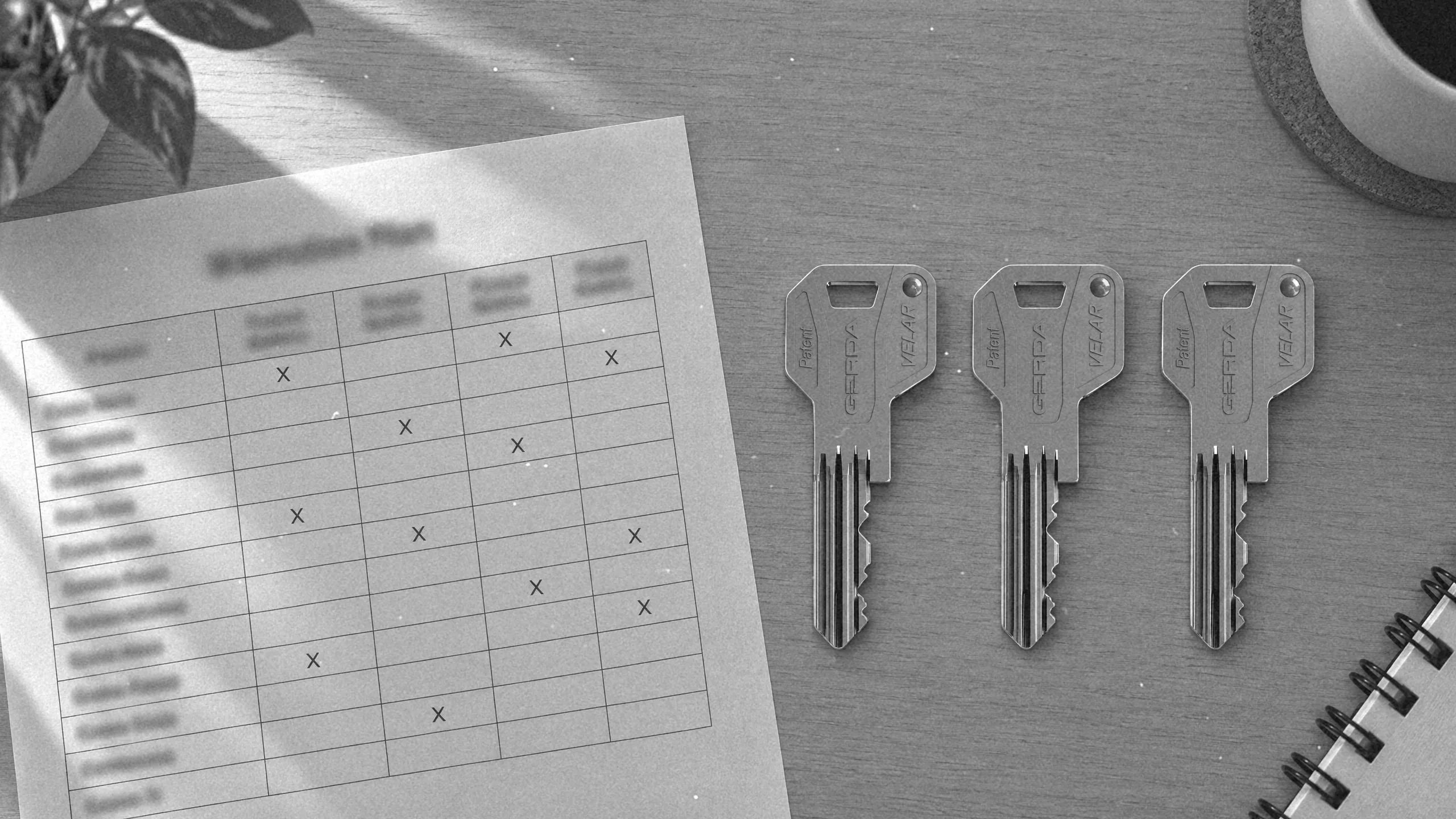 Wydrukowany plan klucza Master Key z krzyżykami przy drzwiach, obok kluczy dormakaba