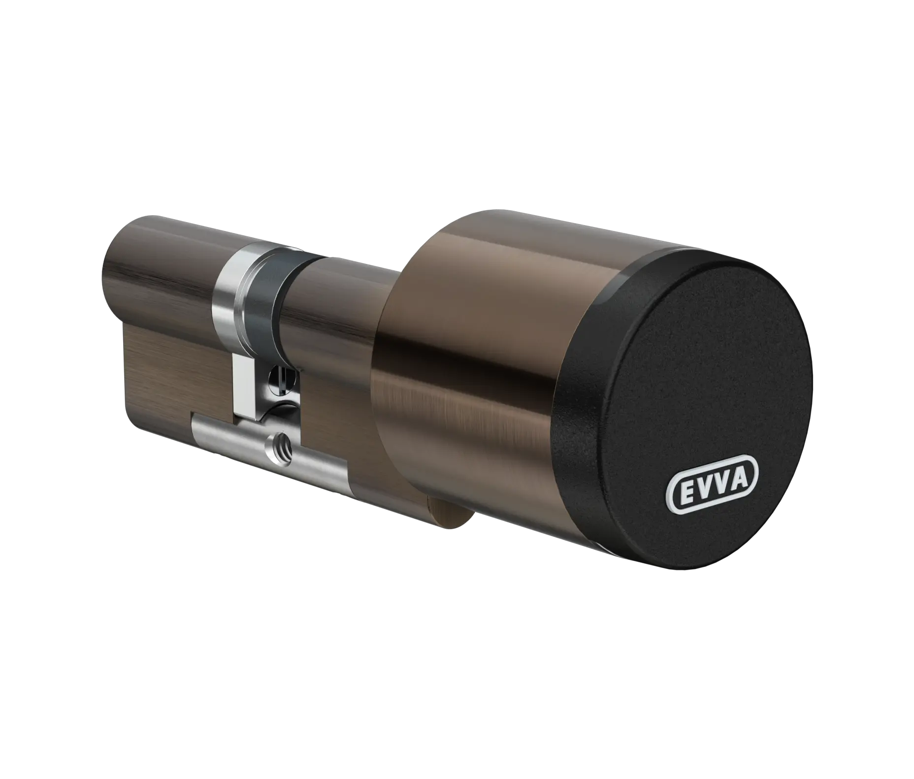 Brązowy cylinder zamka EVVA z czarną końcówką i metalowym mechanizmem