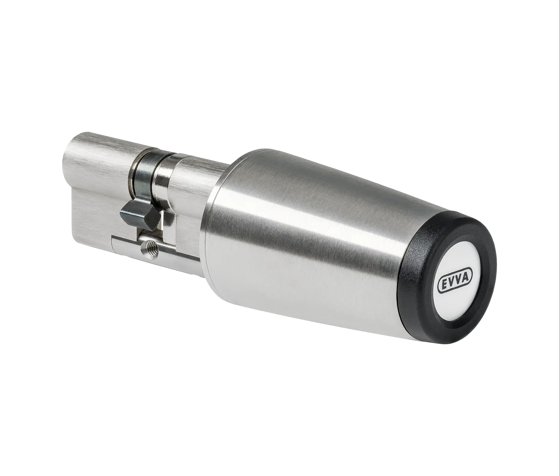 Srebrny elektryczny cylinder zamka EVVA z czarnym zakończeniem